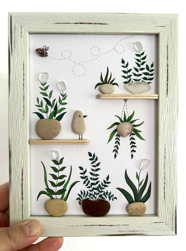 Seaglass Botanical Art with Hanging Plant and Bee – Bright Framed Gift for Plant Lovers