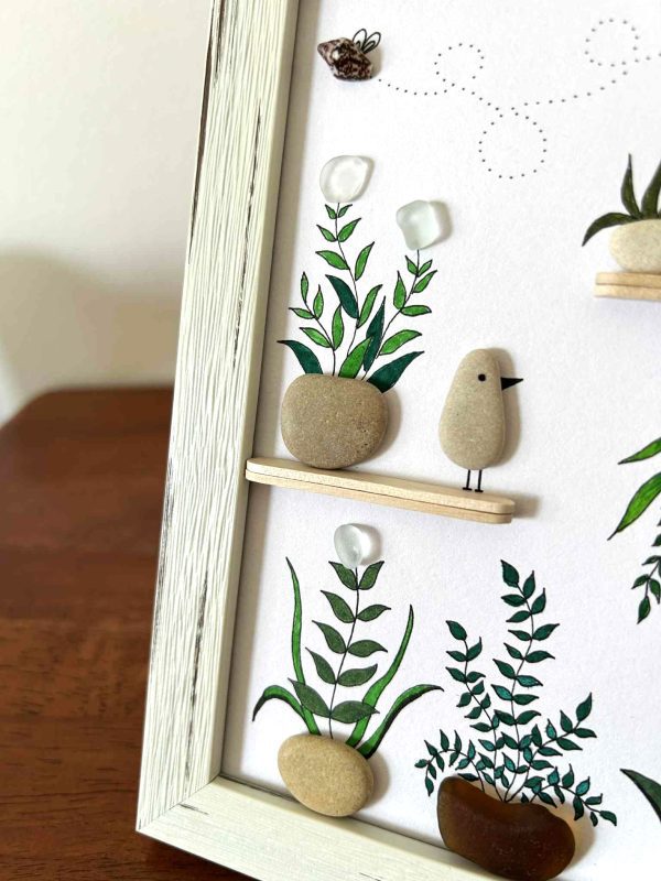 Seaglass Botanical Art with Hanging Plant and Bee – Bright Framed Gift for Plant Lovers
