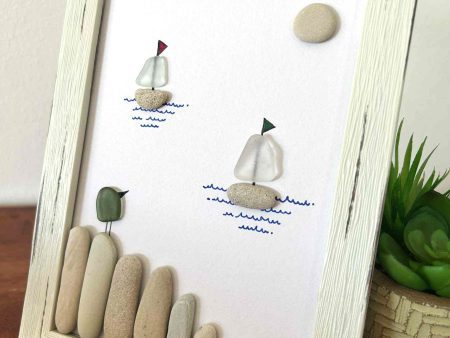 Seaglass and Pebble Art – Coastal Sailboat Scene with Bird – Nautical Wall Decor