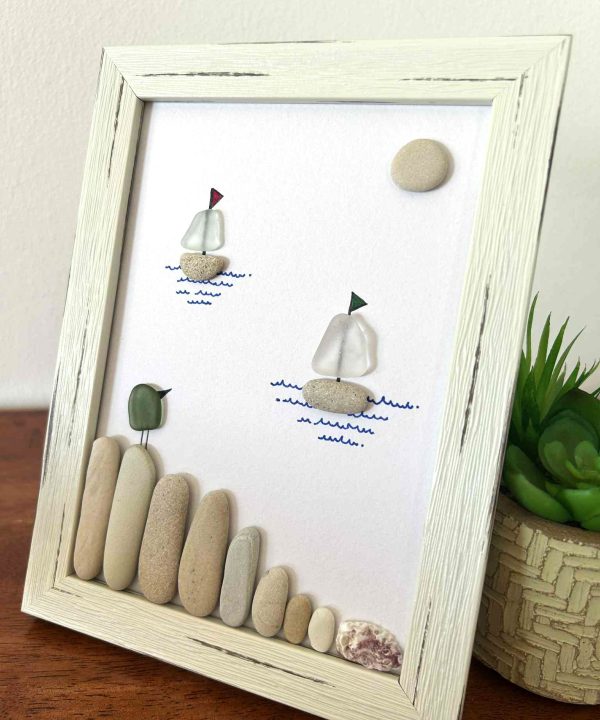 Seaglass and Pebble Art – Coastal Sailboat Scene with Bird – Nautical Wall Decor
