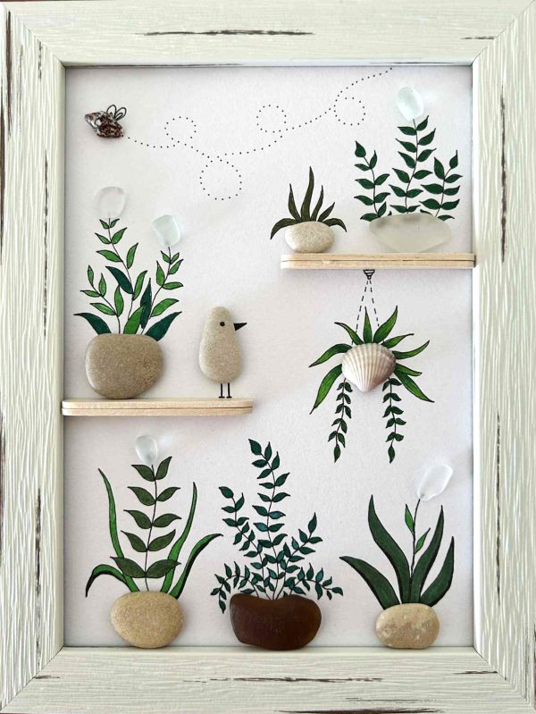 Seaglass Botanical Art with Hanging Plant and Bee – Bright Framed Gift for Plant Lovers