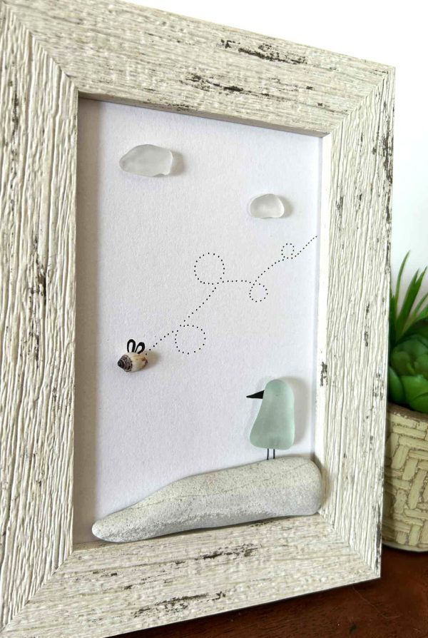 Seaglass Bird and Bee Art – Whimsical Nature Scene with Real Pebbles and Beachglass