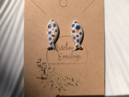 Handmade Ceramic Fish Earrings – Blue & Orange Dotted with Gold Stud – ArtClay Earrings