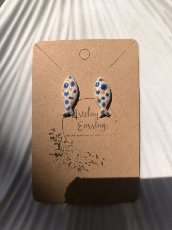 Handmade Ceramic Fish Earrings – Blue & Orange Dotted with Gold Stud – ArtClay Earrings
