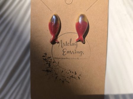 Red Sunset Fish Stud Ceramic Earrings with Gold Finish