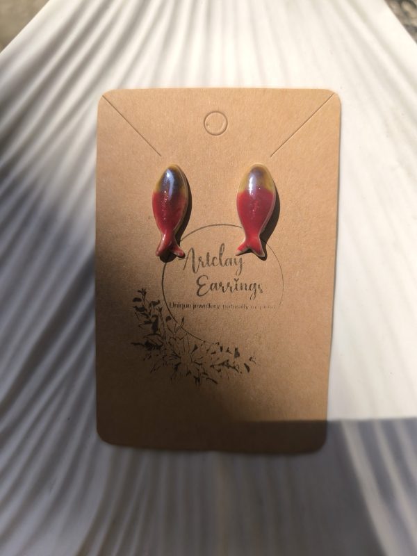 Red Sunset Fish Stud Ceramic Earrings with Gold Finish