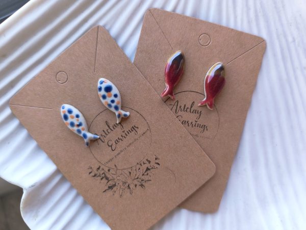 Handmade Ceramic Fish Earrings – Blue & Orange Dotted with Gold Stud – ArtClay Earrings - Image 3