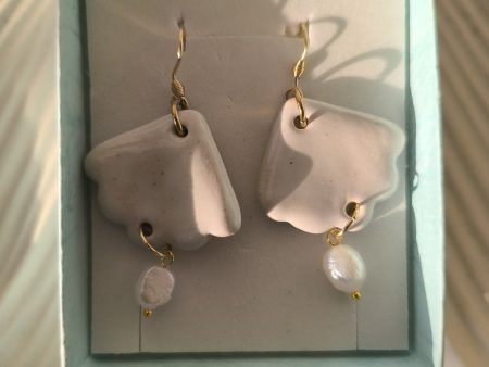 Soft Wave Ceramic Earrings with Freshwater Pearl Drop – Handmade Coastal Elegance