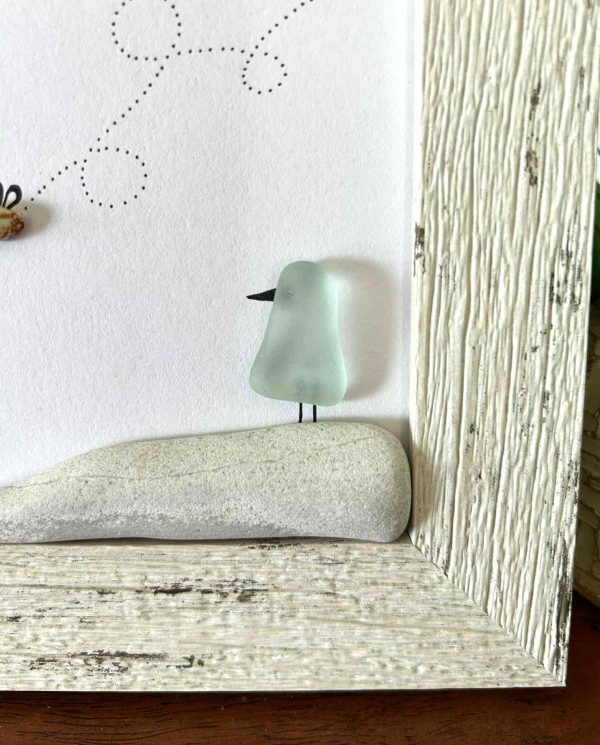 Seaglass Bird and Bee Art – Whimsical Nature Scene with Real Pebbles and Beachglass
