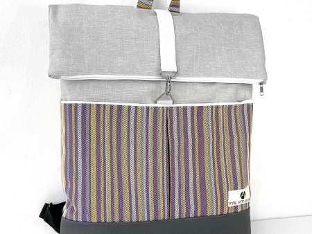 backpack grey with purple and yellow stripes 1