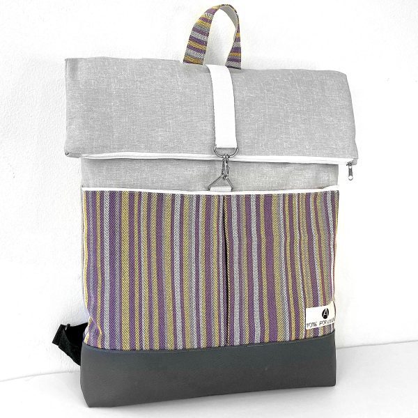 backpack grey with purple and yellow stripes 1