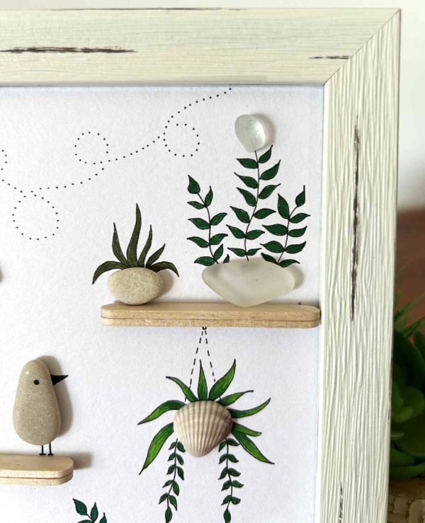 Seaglass Botanical Art with Hanging Plant and Bee – Bright Framed Gift for Plant Lovers