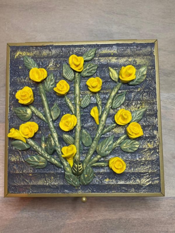 Handmade Clay Art on a Glass Jewelry Box (Yellow)