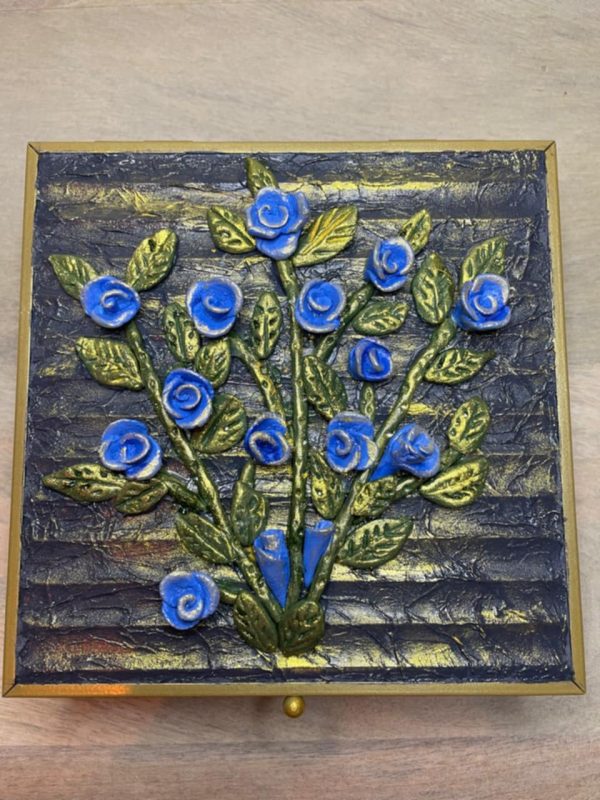 Handmade Clay Art on a Glass Jewelry Box (Blue) - Image 4