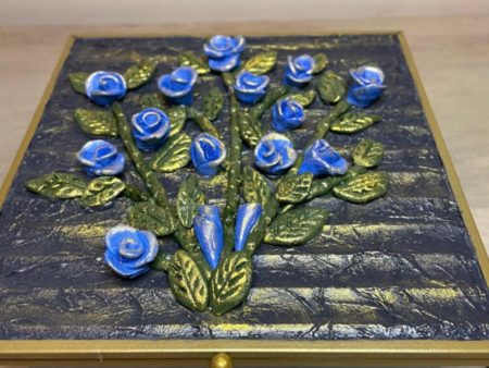 Handmade Clay Art on a Glass Jewelry Box (Blue)