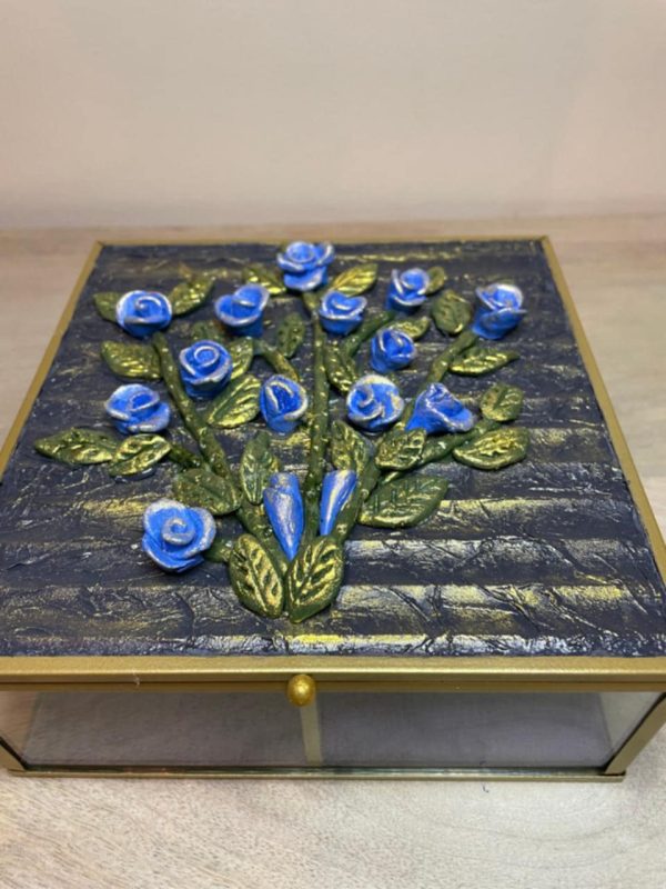 Handmade Clay Art on a Glass Jewelry Box (Blue)