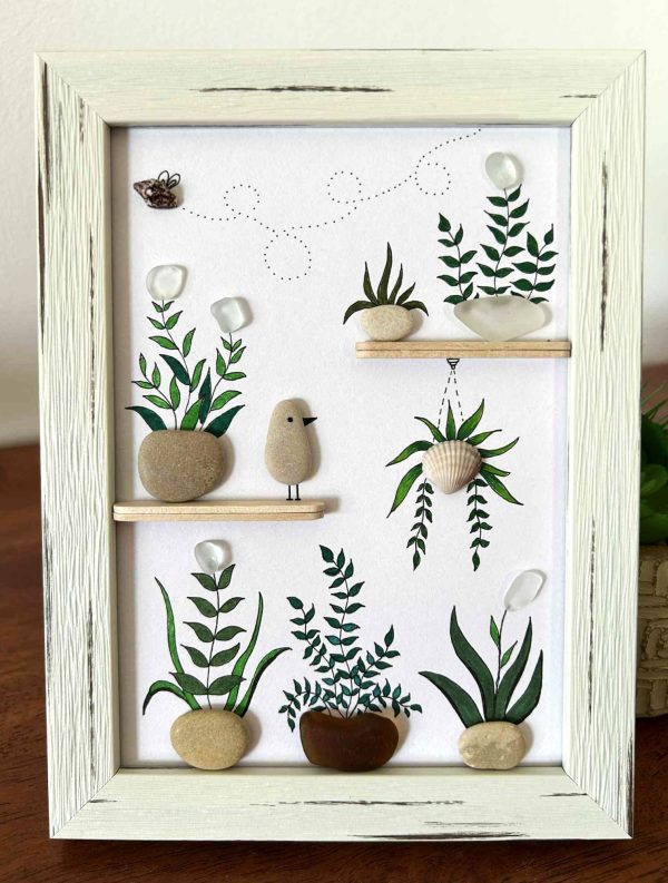 Seaglass Botanical Art with Hanging Plant and Bee – Bright Framed Gift for Plant Lovers