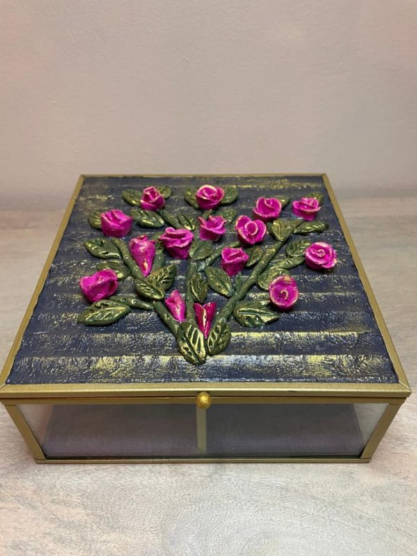 Handmade Clay Art on a Glass Jewelry Box (Pink)