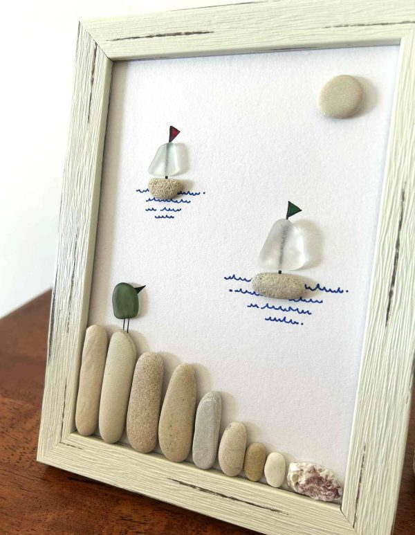 Seaglass and Pebble Art – Coastal Sailboat Scene with Bird – Nautical Wall Decor