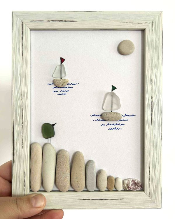 Seaglass and Pebble Art – Coastal Sailboat Scene with Bird – Nautical Wall Decor