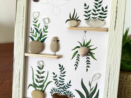 Seaglass Botanical Art with Hanging Plant and Bee – Bright Framed Gift for Plant Lovers