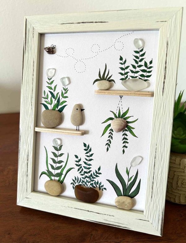 Seaglass Botanical Art with Hanging Plant and Bee – Bright Framed Gift for Plant Lovers