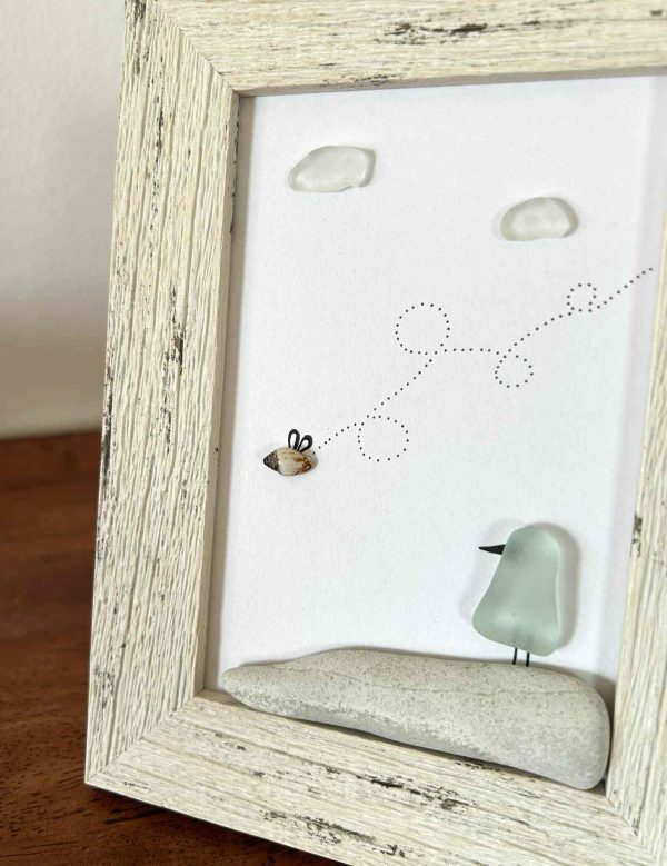 Seaglass Bird and Bee Art – Whimsical Nature Scene with Real Pebbles and Beachglass