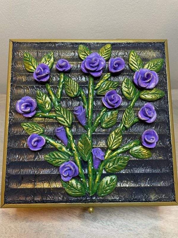Handmade Clay Art on a Glass Jewelry Box (Purple) - Image 2