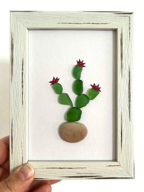 Seaglass Artwork Cactus – Handmade Beach Stone Wall Décor