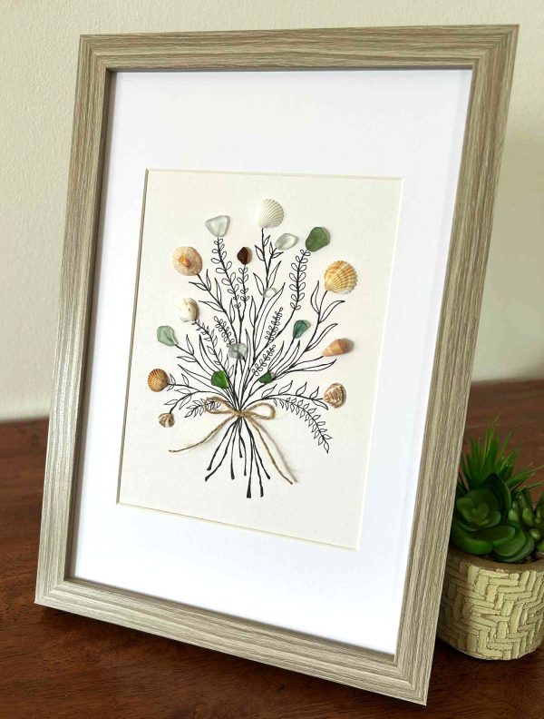 Seaglass and Seashell Bouquet Wall Art – Coastal Ink Drawing with Natural Ocean Treasures