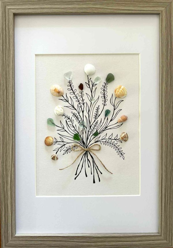 Seaglass and Seashell Bouquet Wall Art – Coastal Ink Drawing with Natural Ocean Treasures
