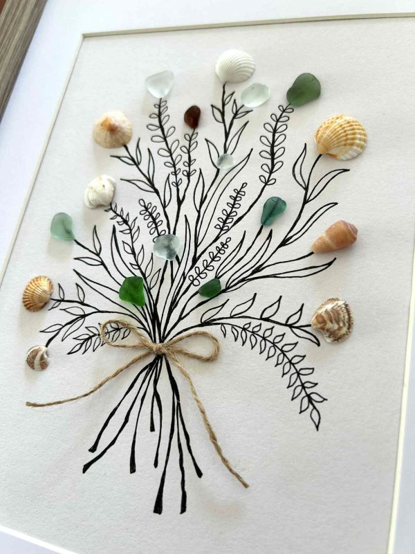 Seaglass and Seashell Bouquet Wall Art – Coastal Ink Drawing with Natural Ocean Treasures
