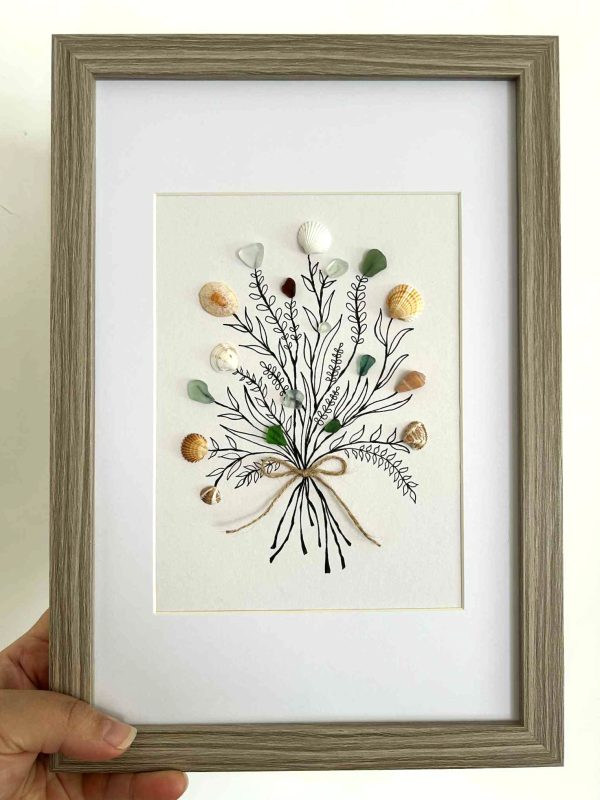 Seaglass and Seashell Bouquet Wall Art – Coastal Ink Drawing with Natural Ocean Treasures
