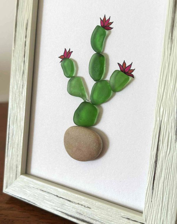 Seaglass Artwork Cactus – Handmade Beach Stone Wall Décor