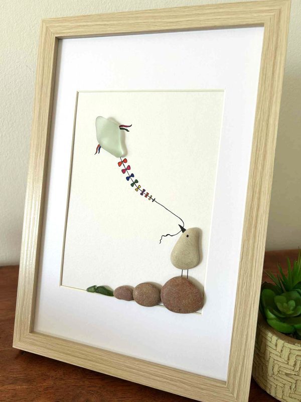 Whimsical Bird Flying Kite – Coastal Seaglass and Pebble Art