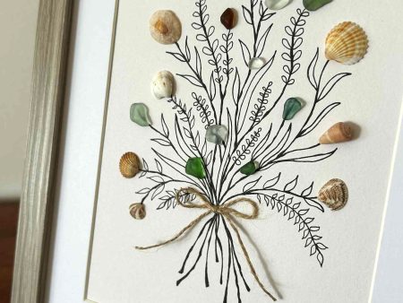Seaglass and Seashell Bouquet Wall Art – Coastal Ink Drawing with Natural Ocean Treasures