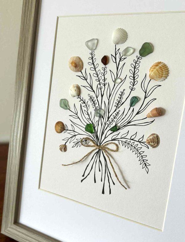 Seaglass and Seashell Bouquet Wall Art – Coastal Ink Drawing with Natural Ocean Treasures