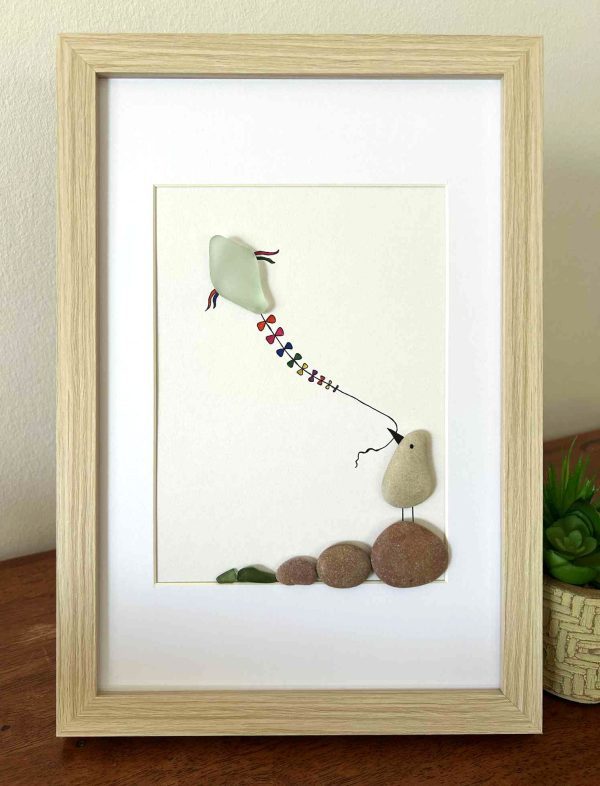 Whimsical Bird Flying Kite – Coastal Seaglass and Pebble Art