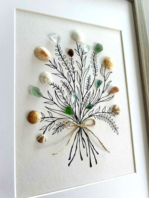 Seaglass and Seashell Bouquet Wall Art – Coastal Ink Drawing with Natural Ocean Treasures
