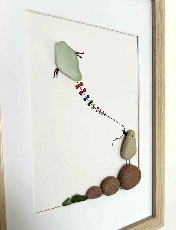 Whimsical Bird Flying Kite – Coastal Seaglass and Pebble Art