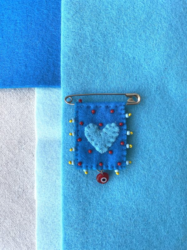 Blue Felt Love Pin with a Evil Eye Charm – Handmade Beaded Brooch for Good Luck and Protection. - Image 2