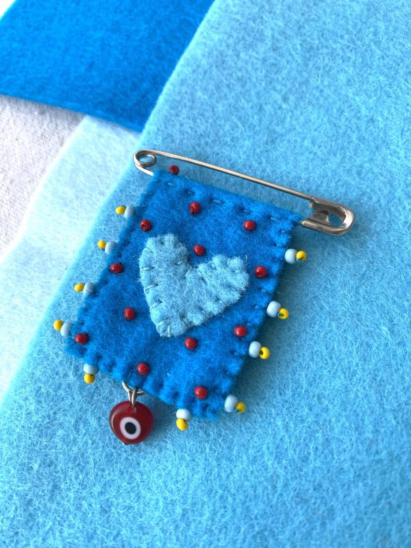 Blue Felt Love Pin with a Evil Eye Charm – Handmade Beaded Brooch for Good Luck and Protection. - Image 3