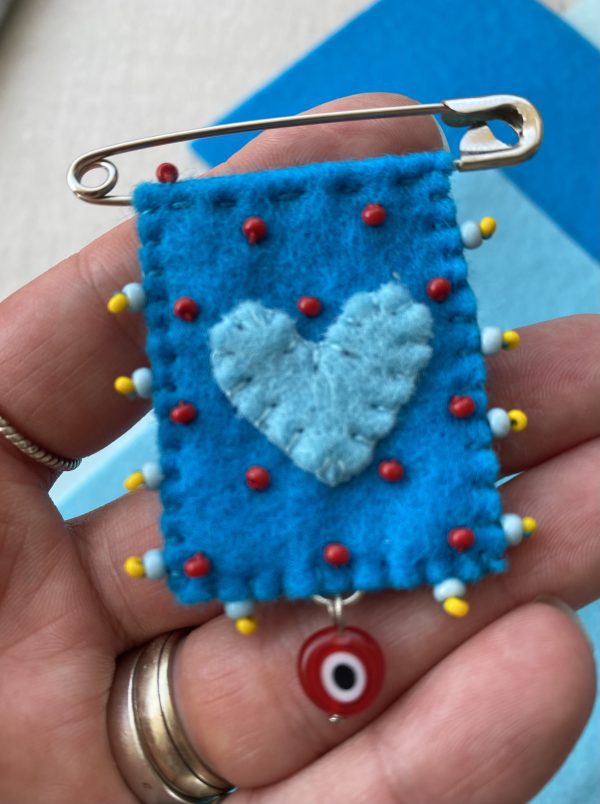 Blue Felt Love Pin with a Evil Eye Charm – Handmade Beaded Brooch for Good Luck and Protection. - Image 4