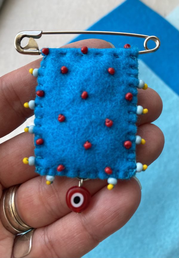 Blue Felt Love Pin with a Evil Eye Charm – Handmade Beaded Brooch for Good Luck and Protection. - Image 5