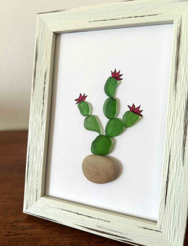 Seaglass Artwork Cactus – Handmade Beach Stone Wall Décor