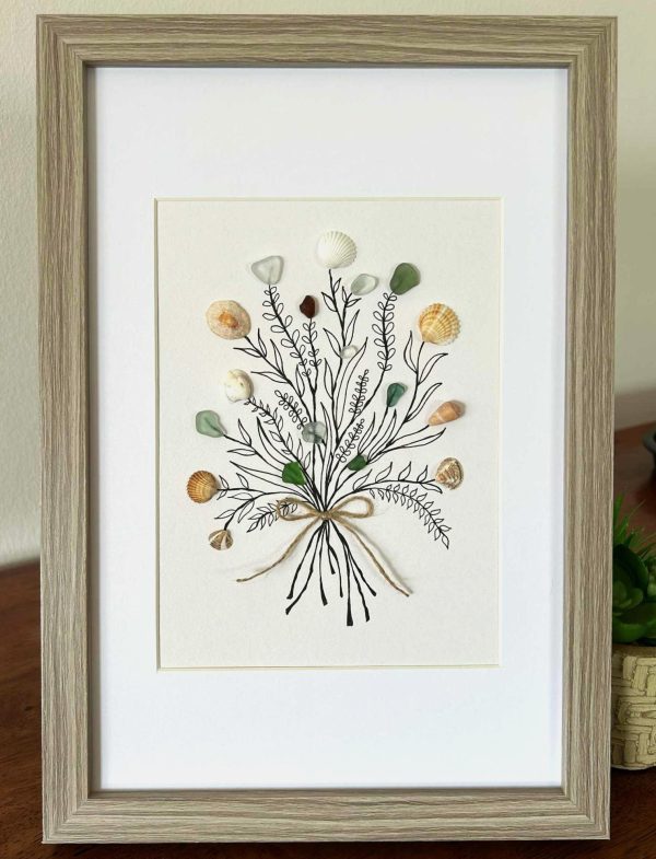 Seaglass and Seashell Bouquet Wall Art – Coastal Ink Drawing with Natural Ocean Treasures