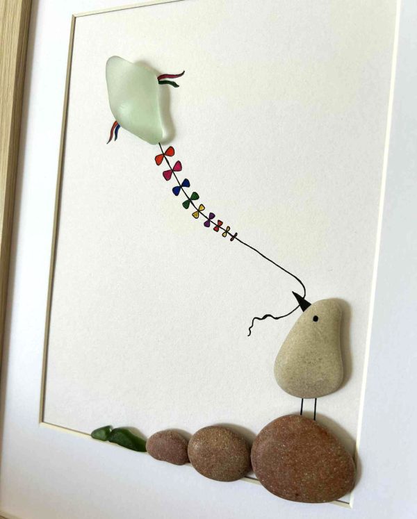 Whimsical Bird Flying Kite – Coastal Seaglass and Pebble Art