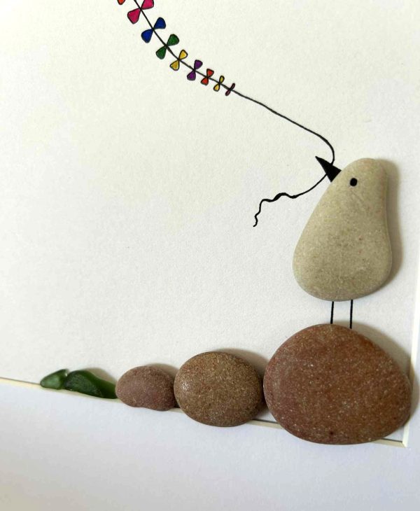 Whimsical Bird Flying Kite – Coastal Seaglass and Pebble Art