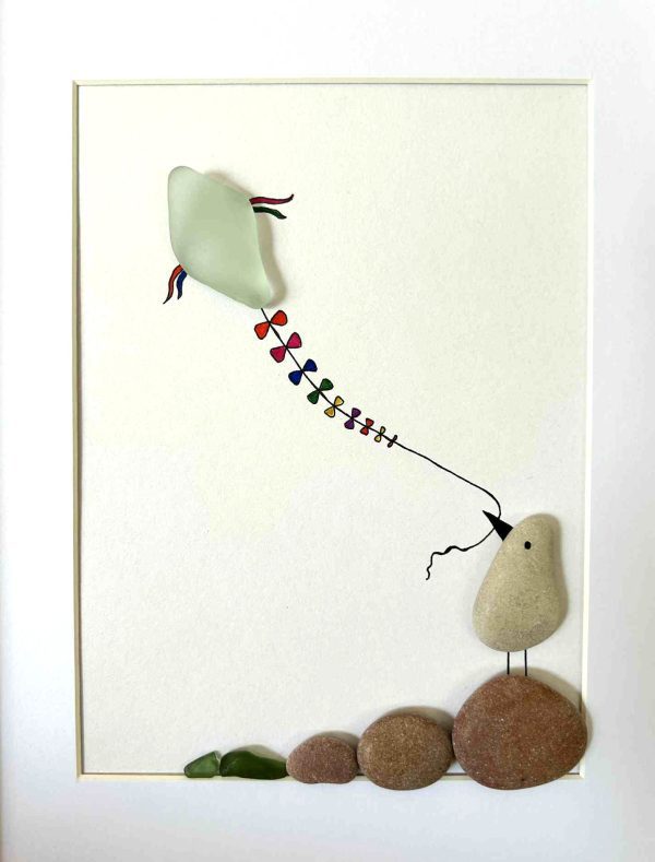 Whimsical Bird Flying Kite – Coastal Seaglass and Pebble Art