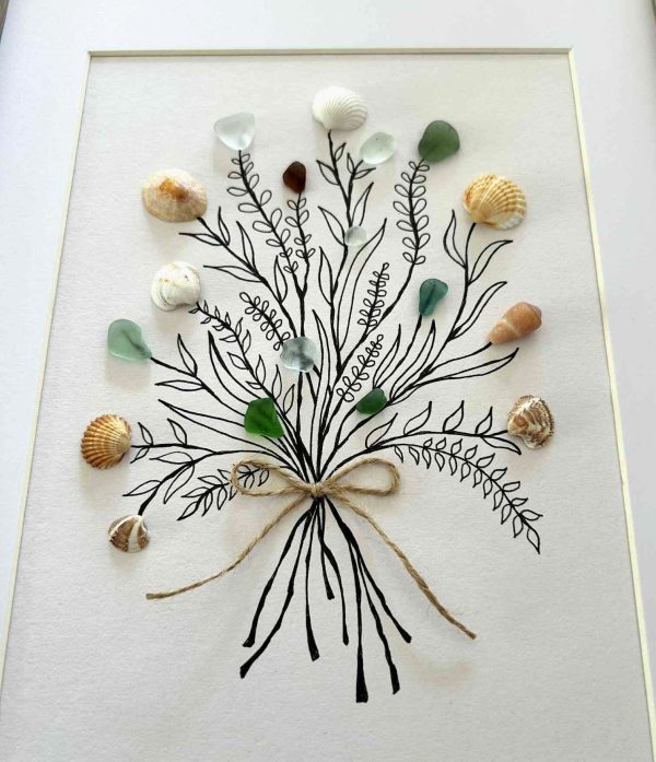 Seaglass and Seashell Bouquet Wall Art – Coastal Ink Drawing with Natural Ocean Treasures
